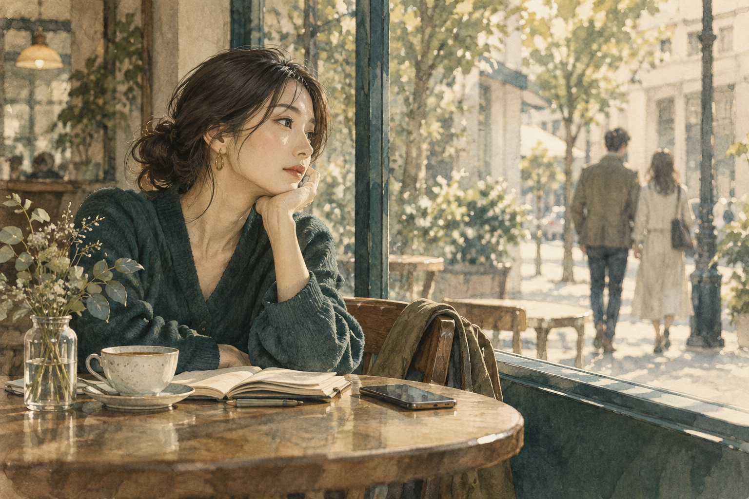 カフェの窓辺でノートを前に考える女性と、外を歩く二人