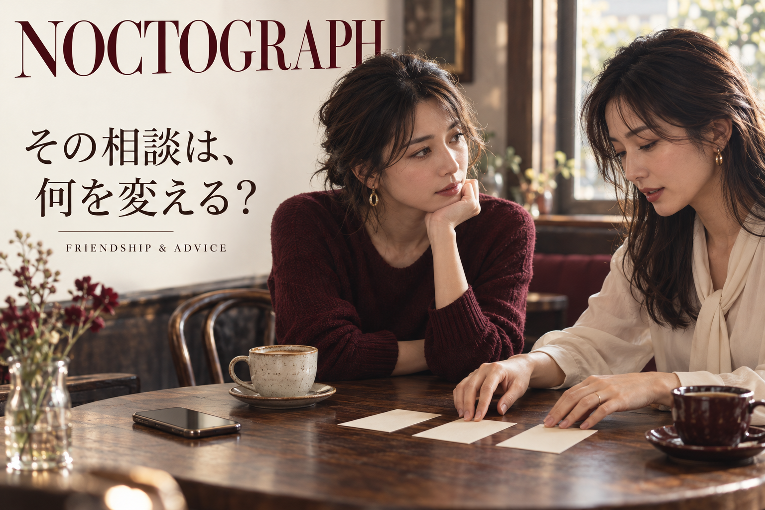 カフェでノートを前に話し合う二人の女性。その相談は、何を変える？