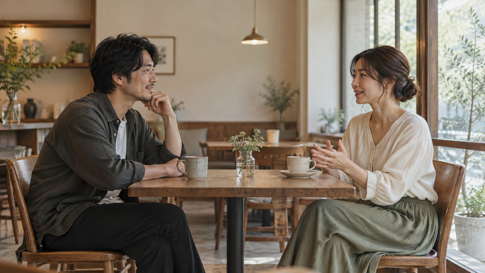 カフェで互いの話に耳を傾ける二人