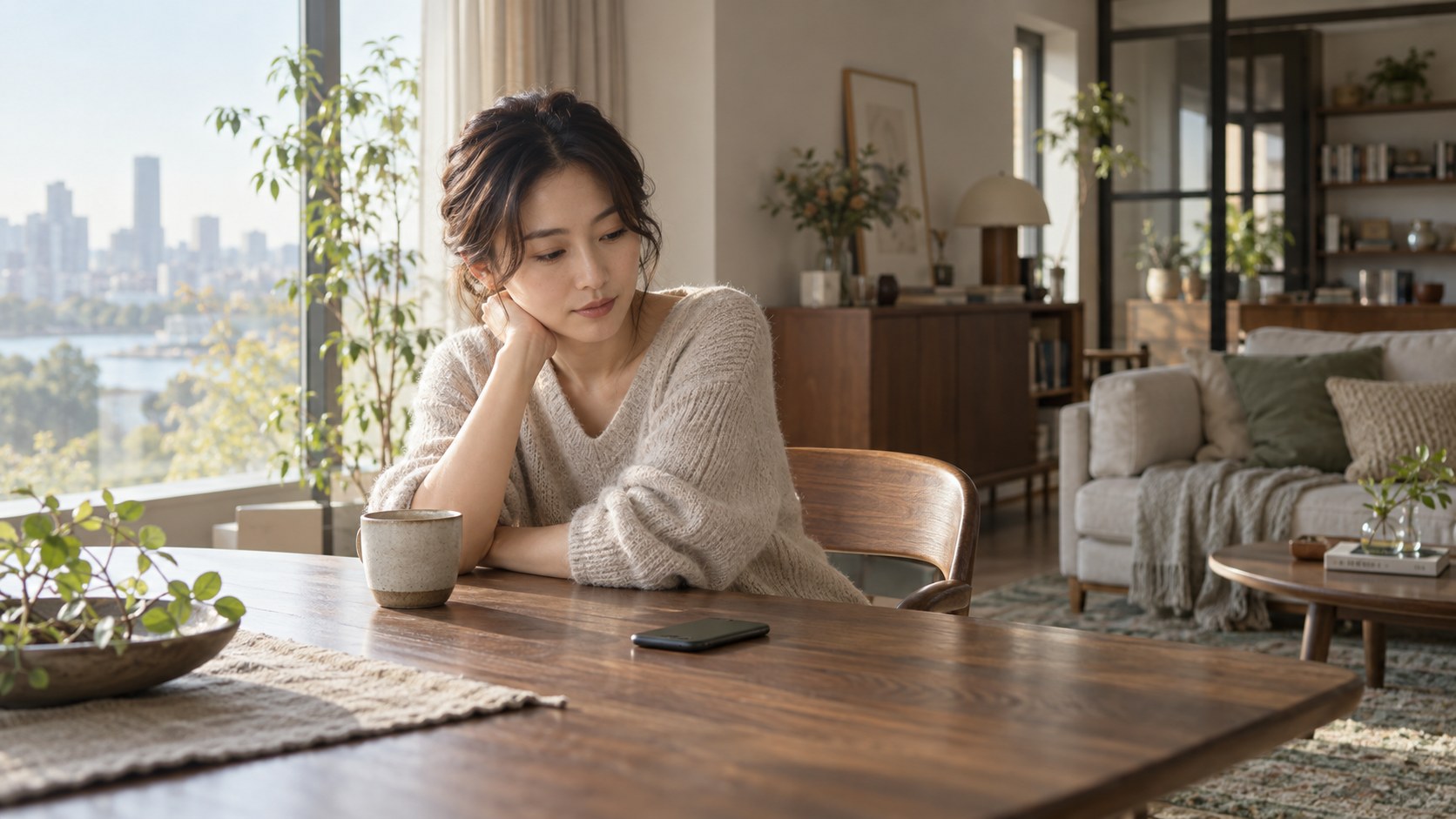 窓辺でスマートフォンを置き、自分の気持ちを考える女性