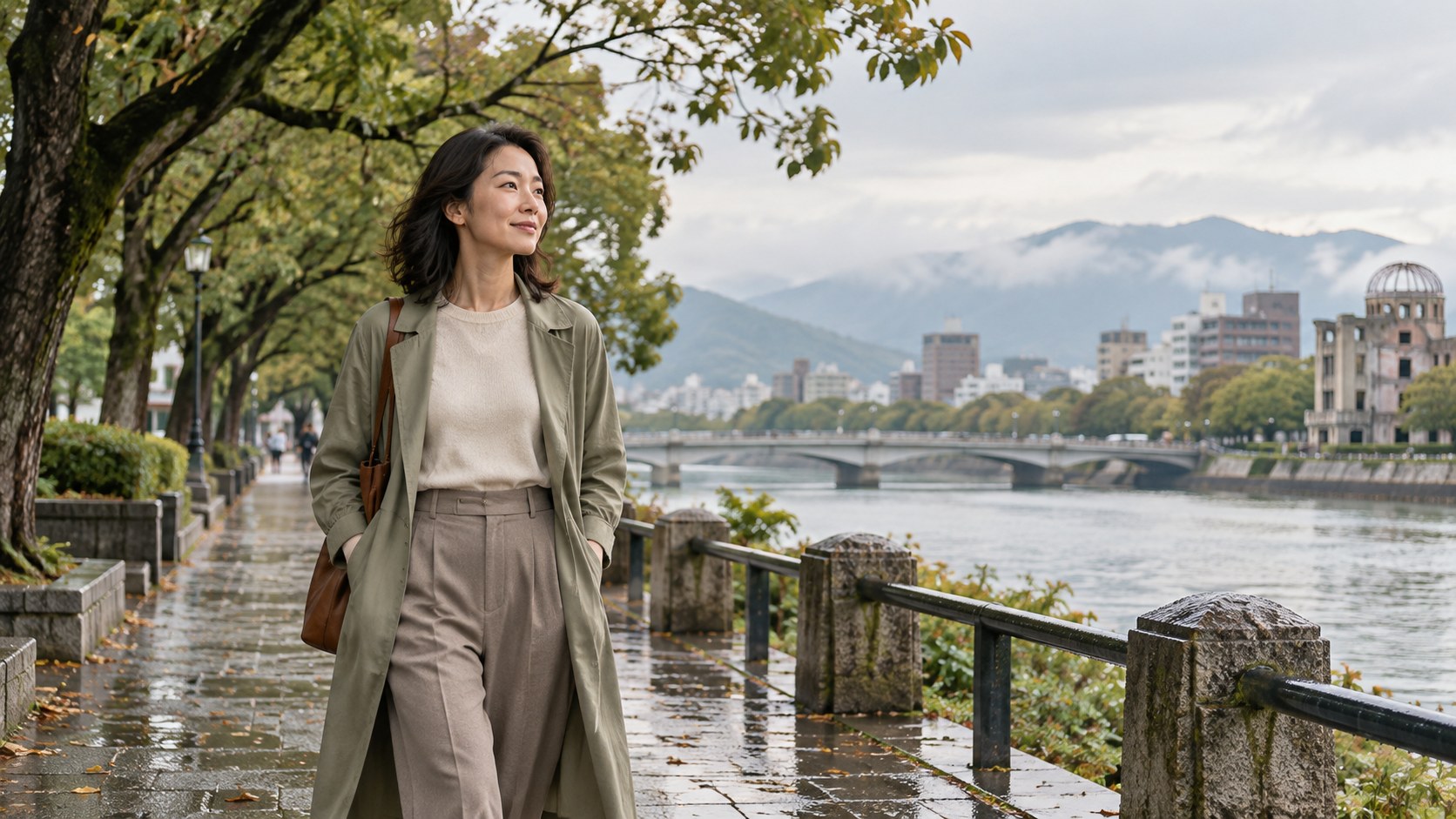 川沿いの並木道を歩く女性