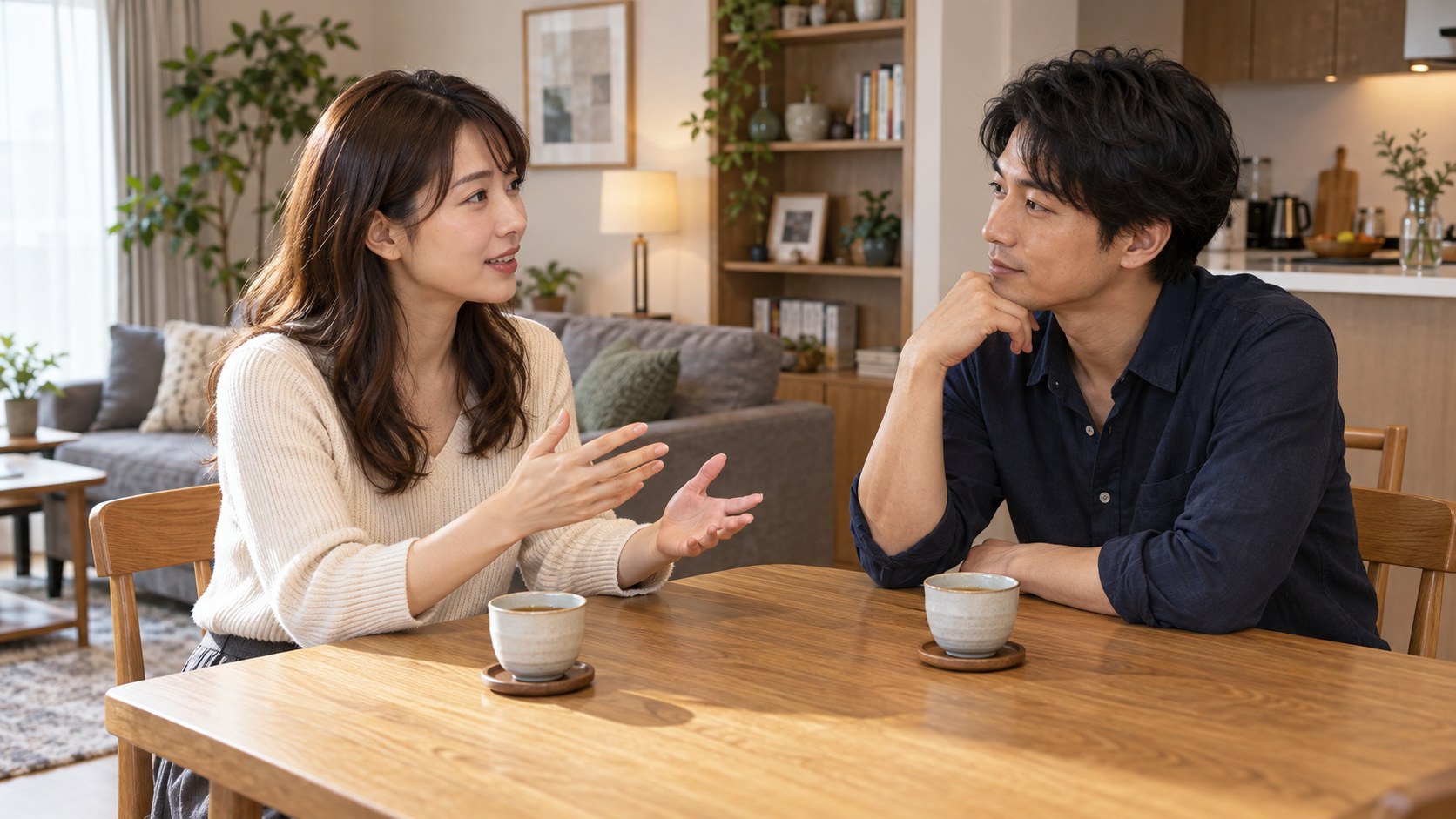 テーブルを囲んで落ち着いて話す二人