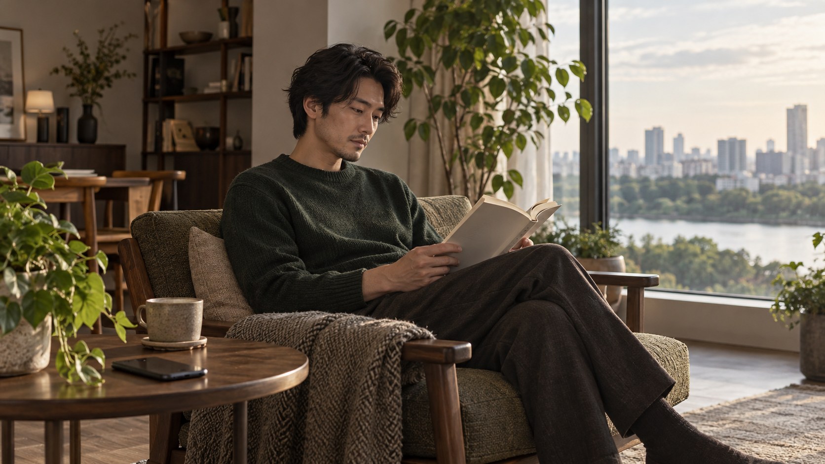 窓辺で本を読み、一人の時間を過ごす男性