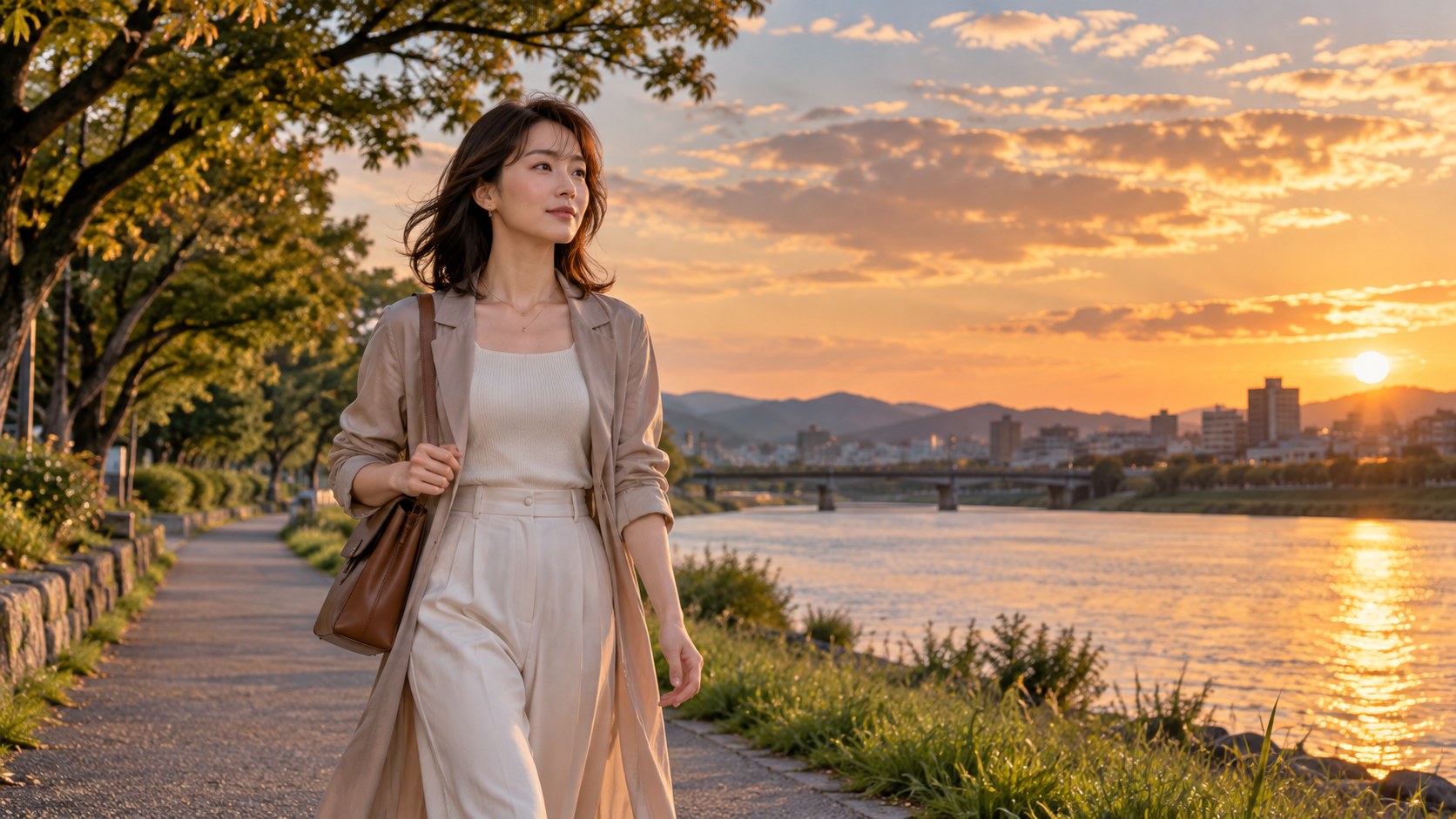 夕方の川沿いを自分のペースで歩く女性