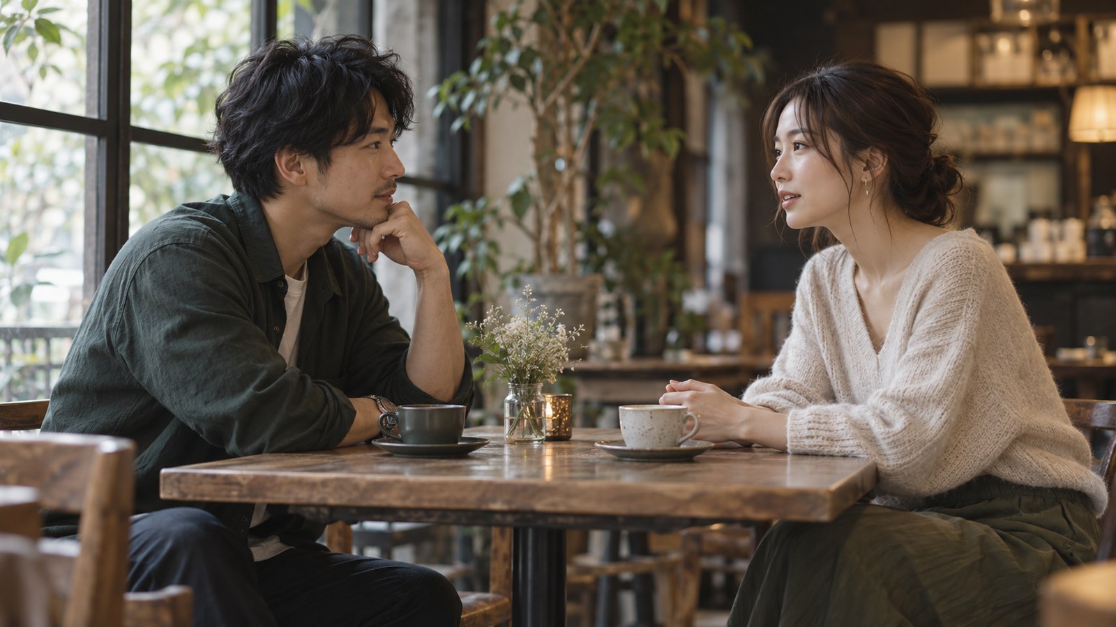 カフェで落ち着いて気持ちを話し合う二人