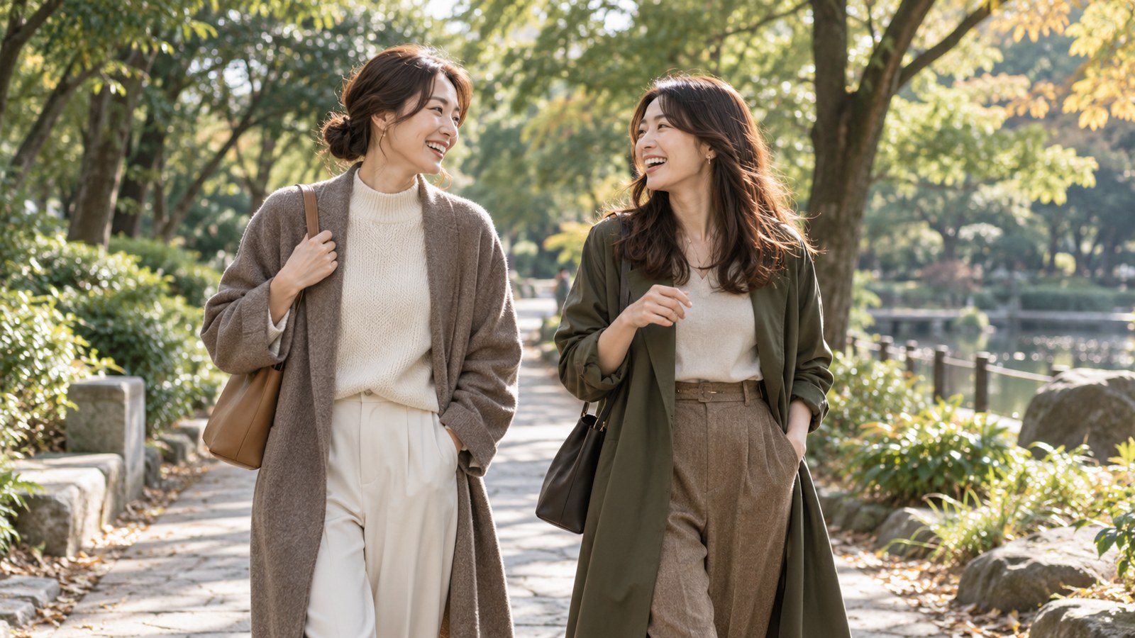 公園を歩きながら友人と話す女性