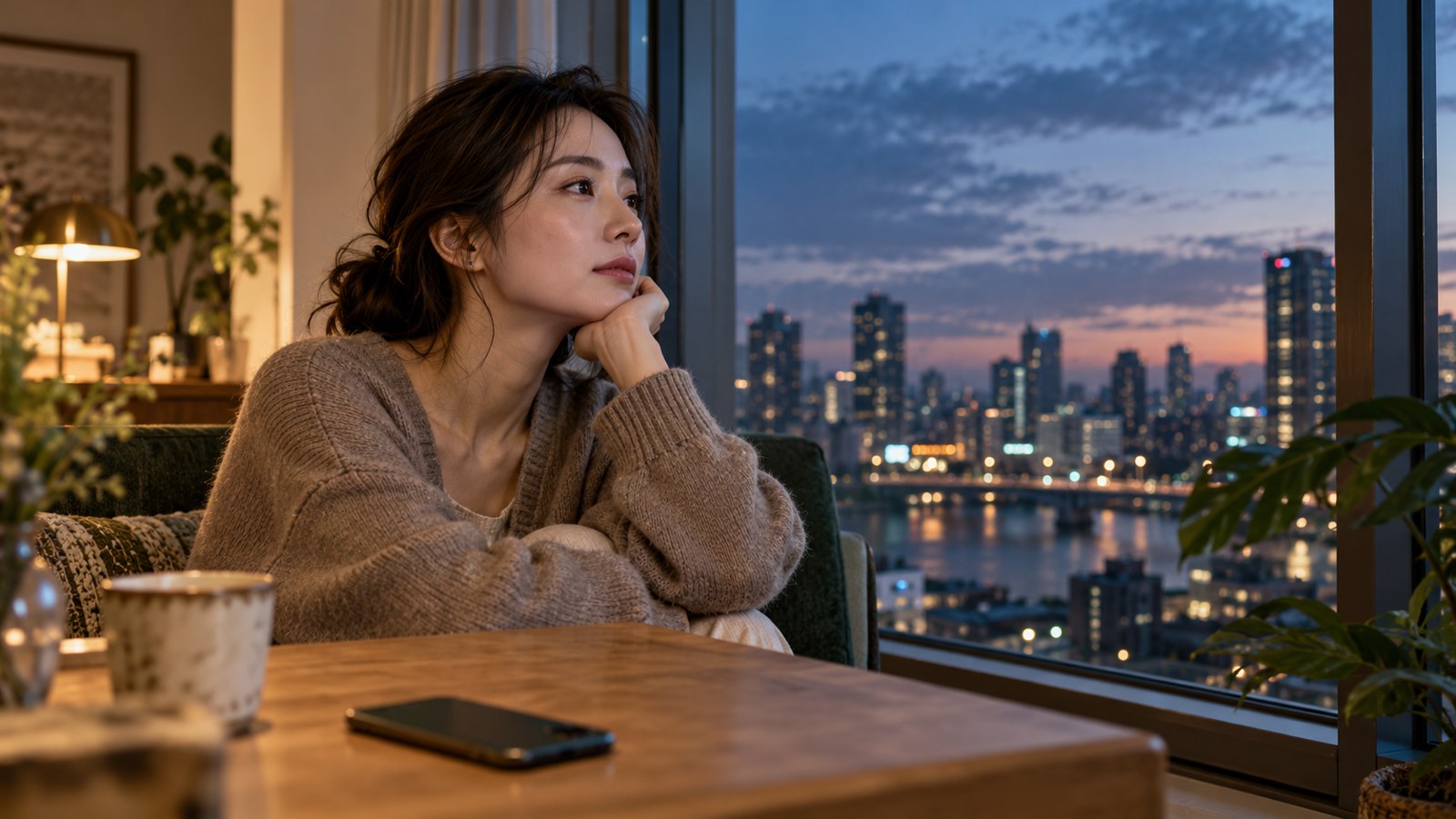 窓辺でスマートフォンを伏せ、自分の時間を過ごす女性