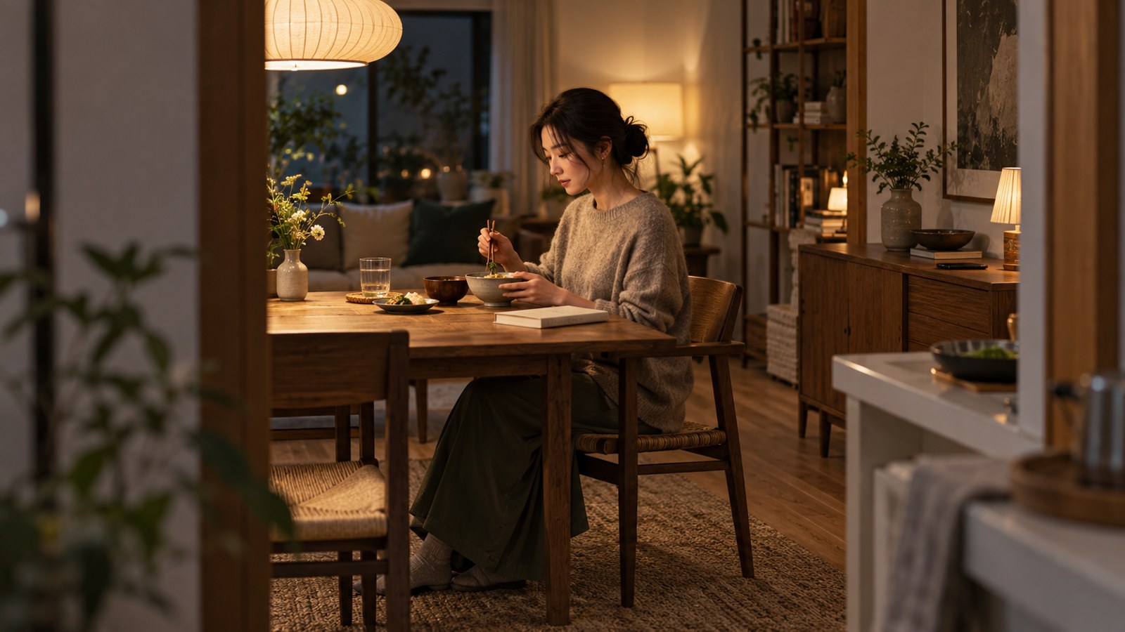 スマートフォンから離れ、夕食を取る女性