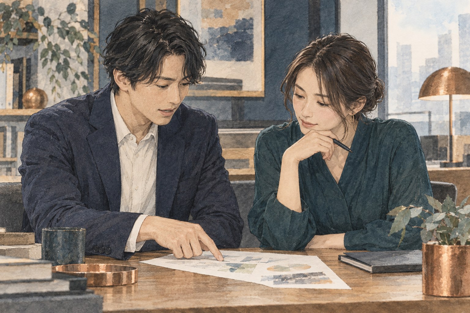 二人の同僚が同じ資料を見ながら、穏やかに内容を確かめるイラスト