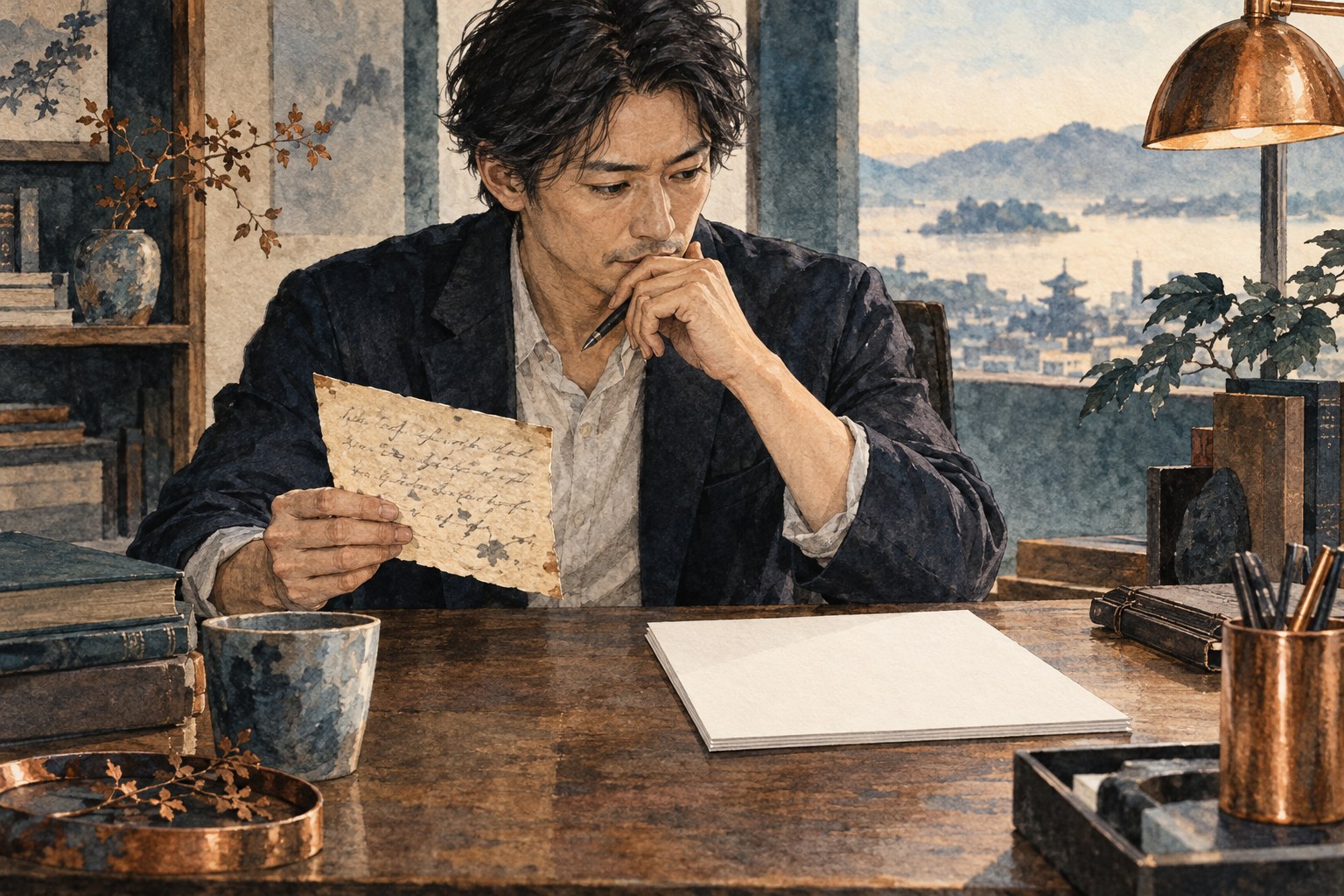 古いメモと新しい資料を前に、自分の判断を考え直す人物のイラスト