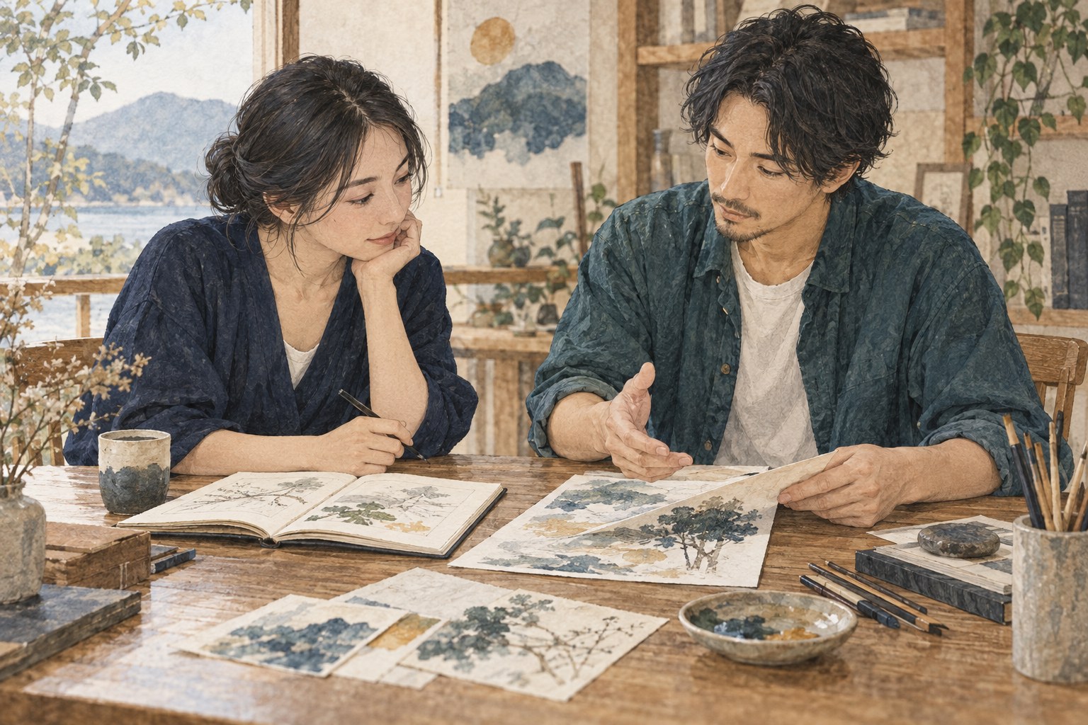 描いた作品を見ながら、改善の方法を二人で話し合うイラスト