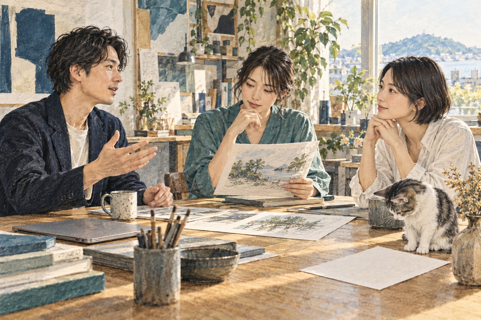 話す人の説明を聞きながら、資料を確かめる三人のイラスト