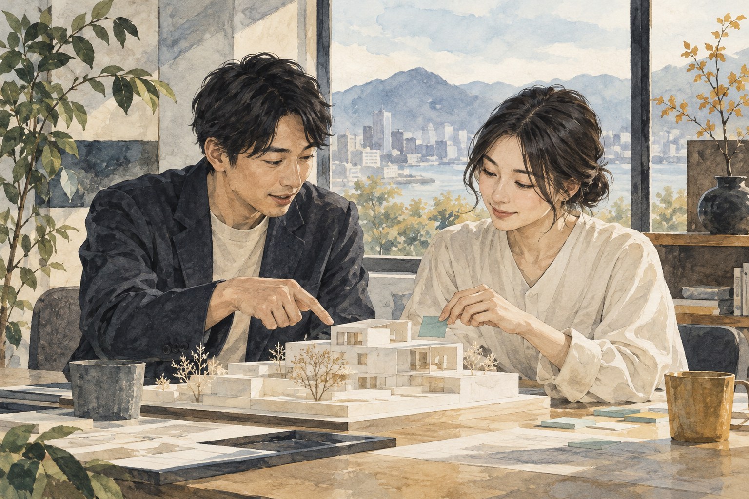 模型の細部を見ながら、確認すべき点を二人で話し合うイラスト