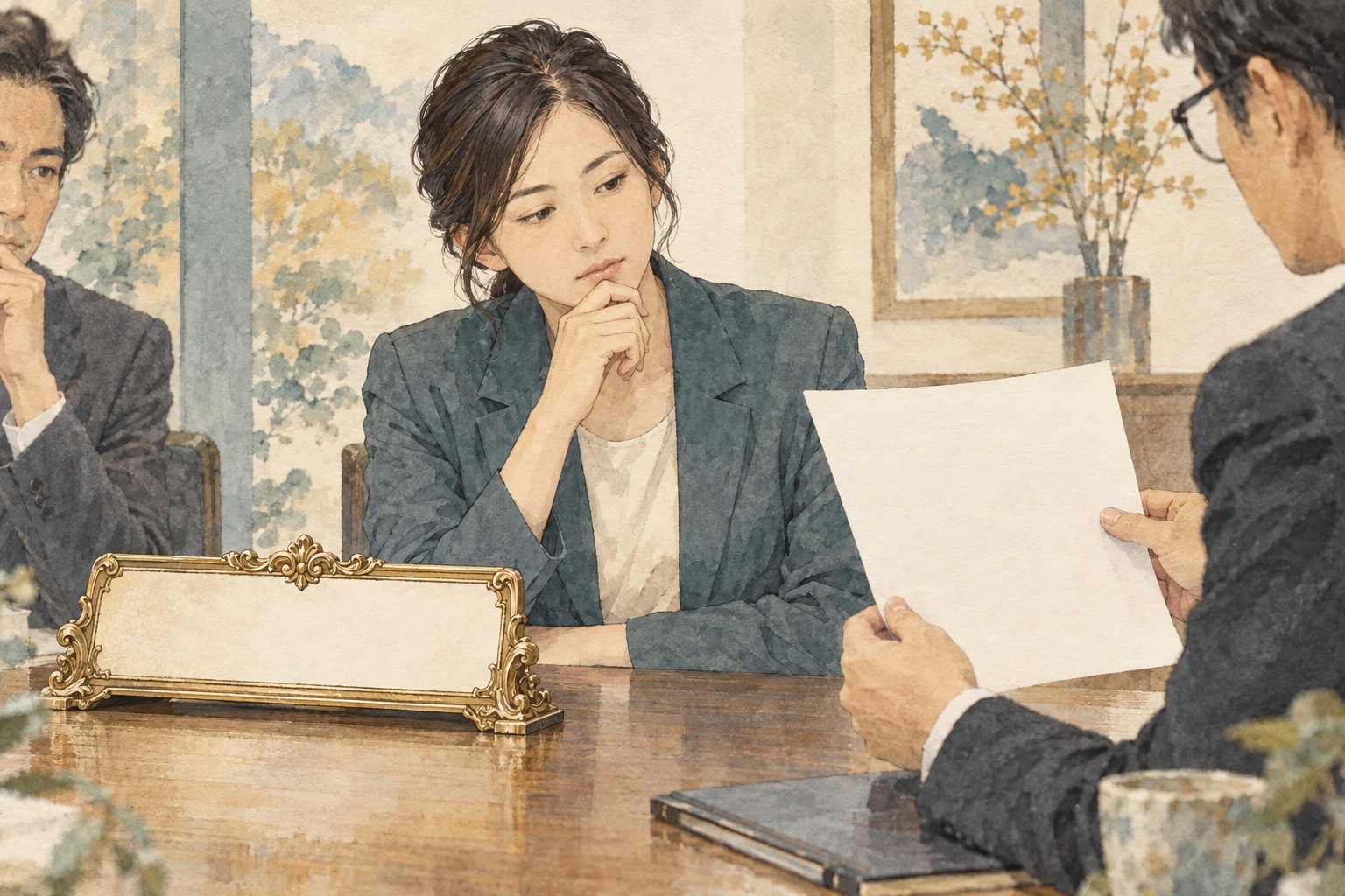 立派な名札と提示された資料を前に、説明を考えながら聞く女性