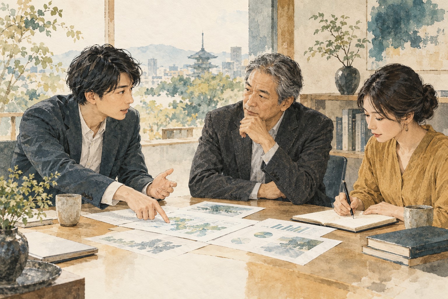 資料の内容を示す若手の説明に耳を傾ける同僚たち