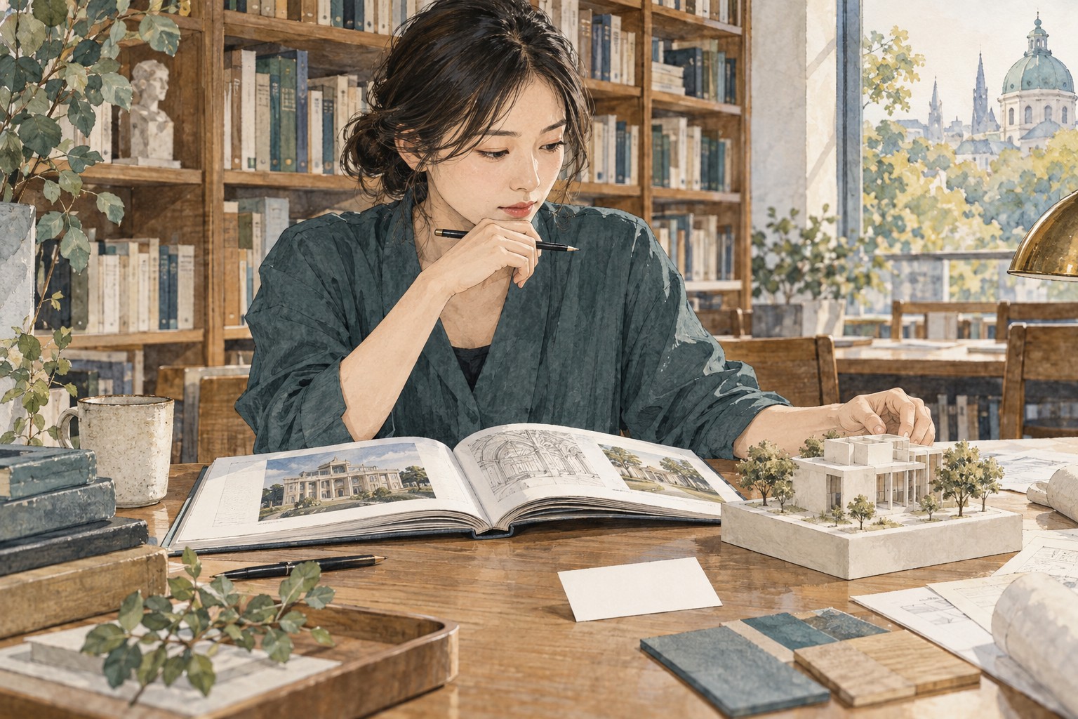 専門書と建築模型を見比べ、説明の内容を確かめる女性