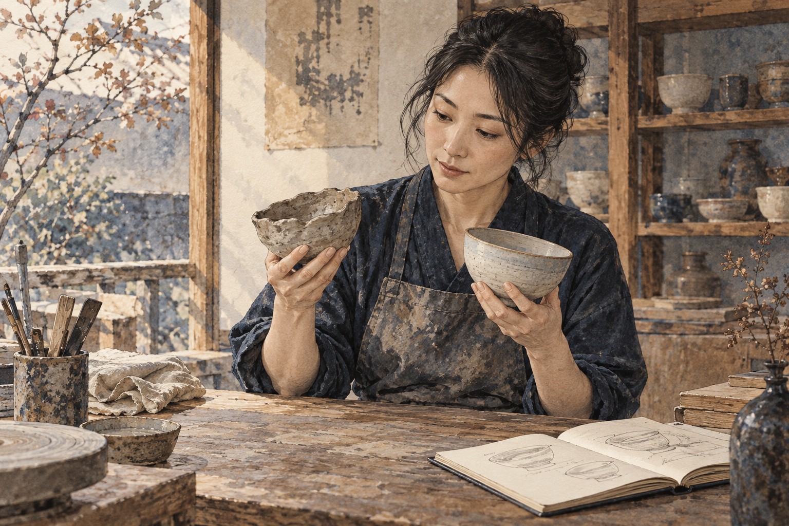 陶芸工房で二つの器を見比べ、仕上がりの違いを考える女性