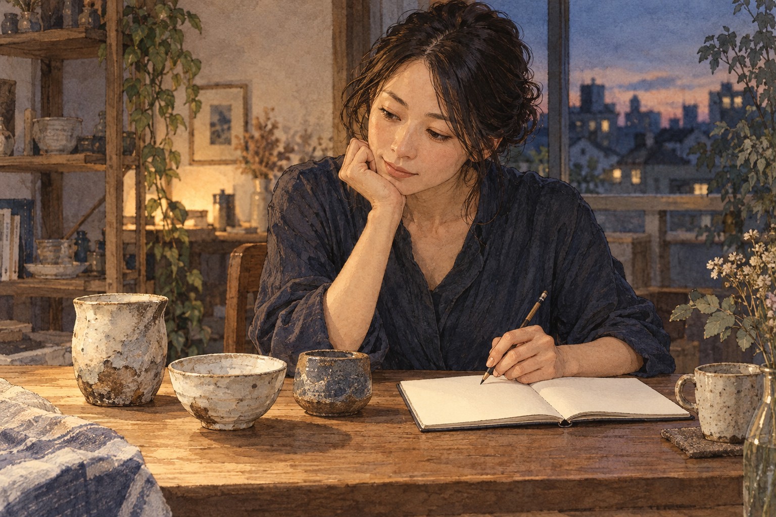 作った器を見返し、次の練習についてノートに書く女性