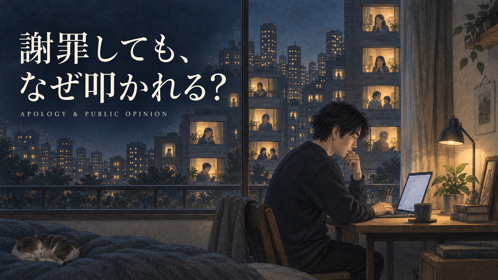 謝罪文を書く人と、それぞれの窓から画面を見る人々。「謝罪しても、なぜ叩かれる？」