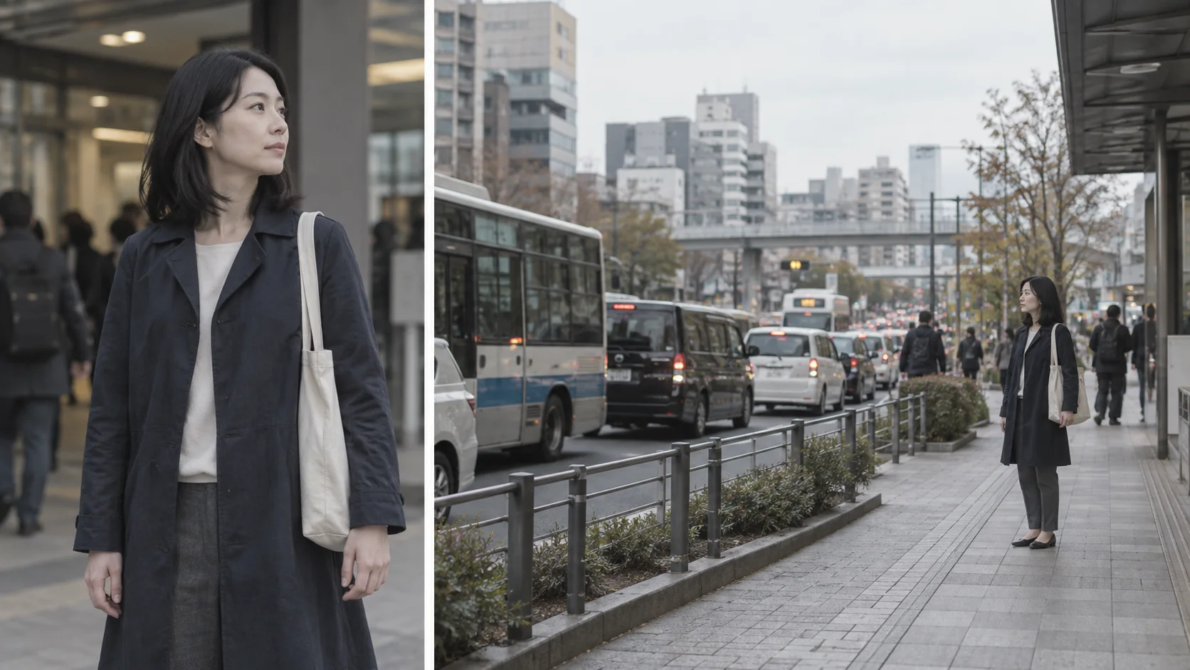 同じ通勤者を、駅前で待つ姿と、その背後の交通まで含めた広い視野で対比した二つの場面。