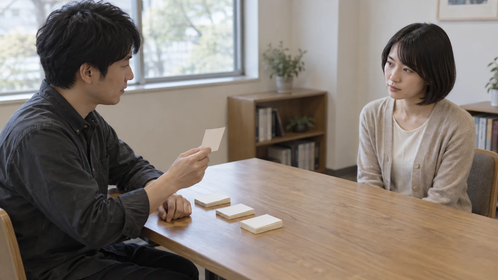 テーブルを挟み、複数の問題カードを手元に置く出題者と、空の机を前に考える回答者。