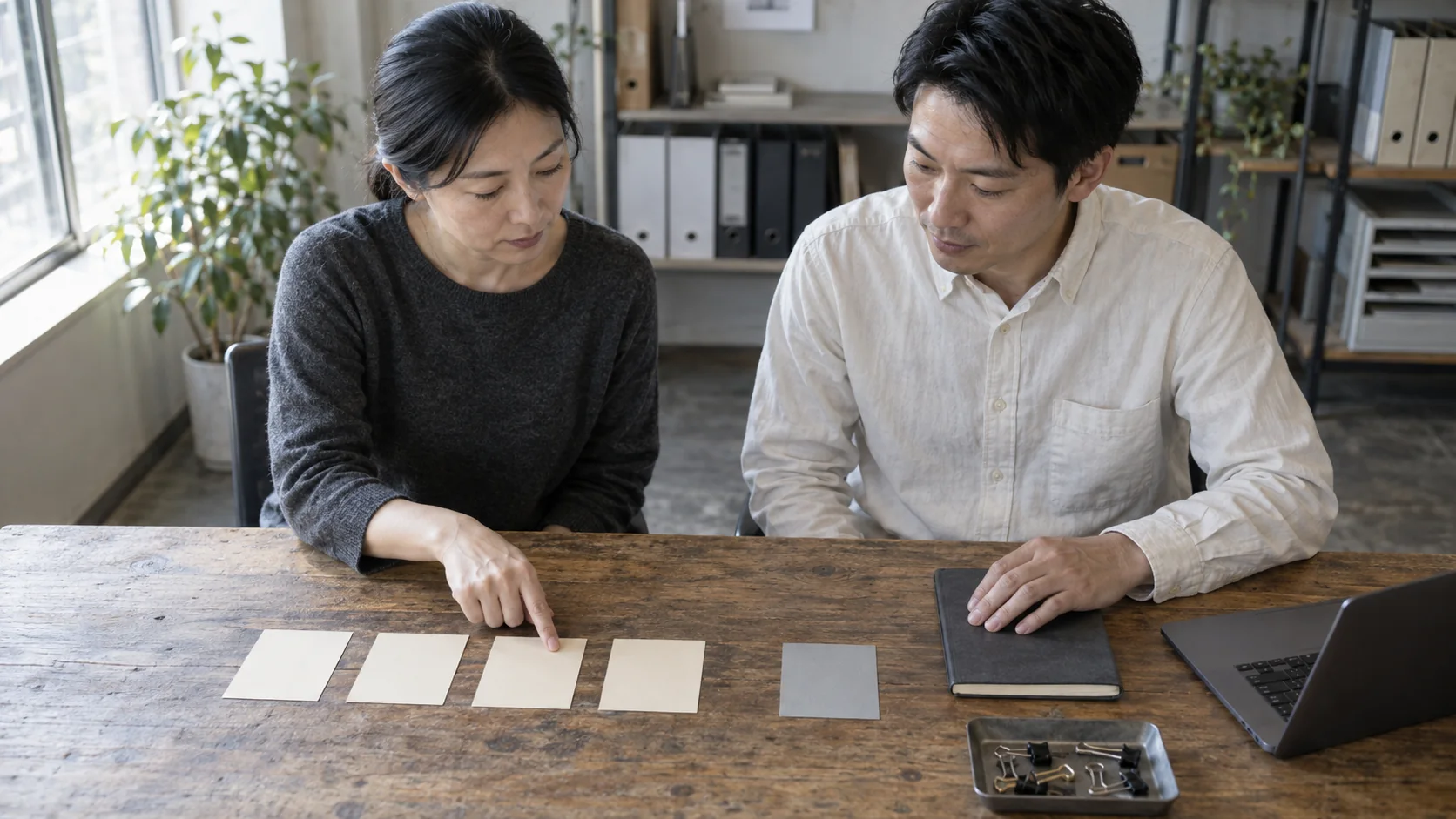職場の机で二人が、作業の順序を表す無地のカードと周囲の道具を一緒に確認している。