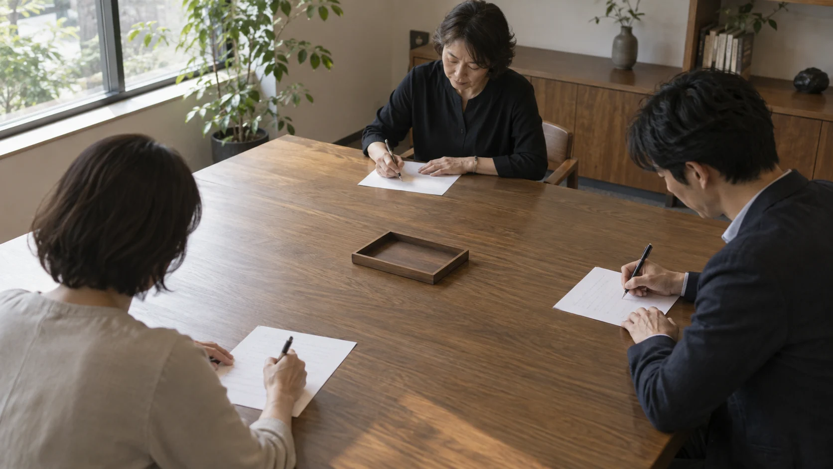 話し合いを始める前に、それぞれ別の紙へ考えを書いている三人