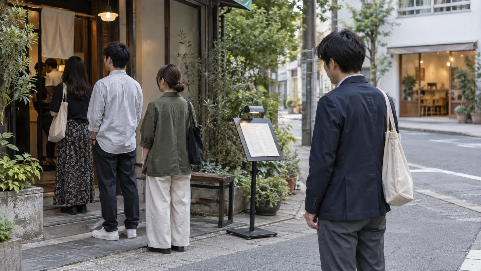 飲食店の前に並ぶ人たちと、少し離れてメニューを確認する男性