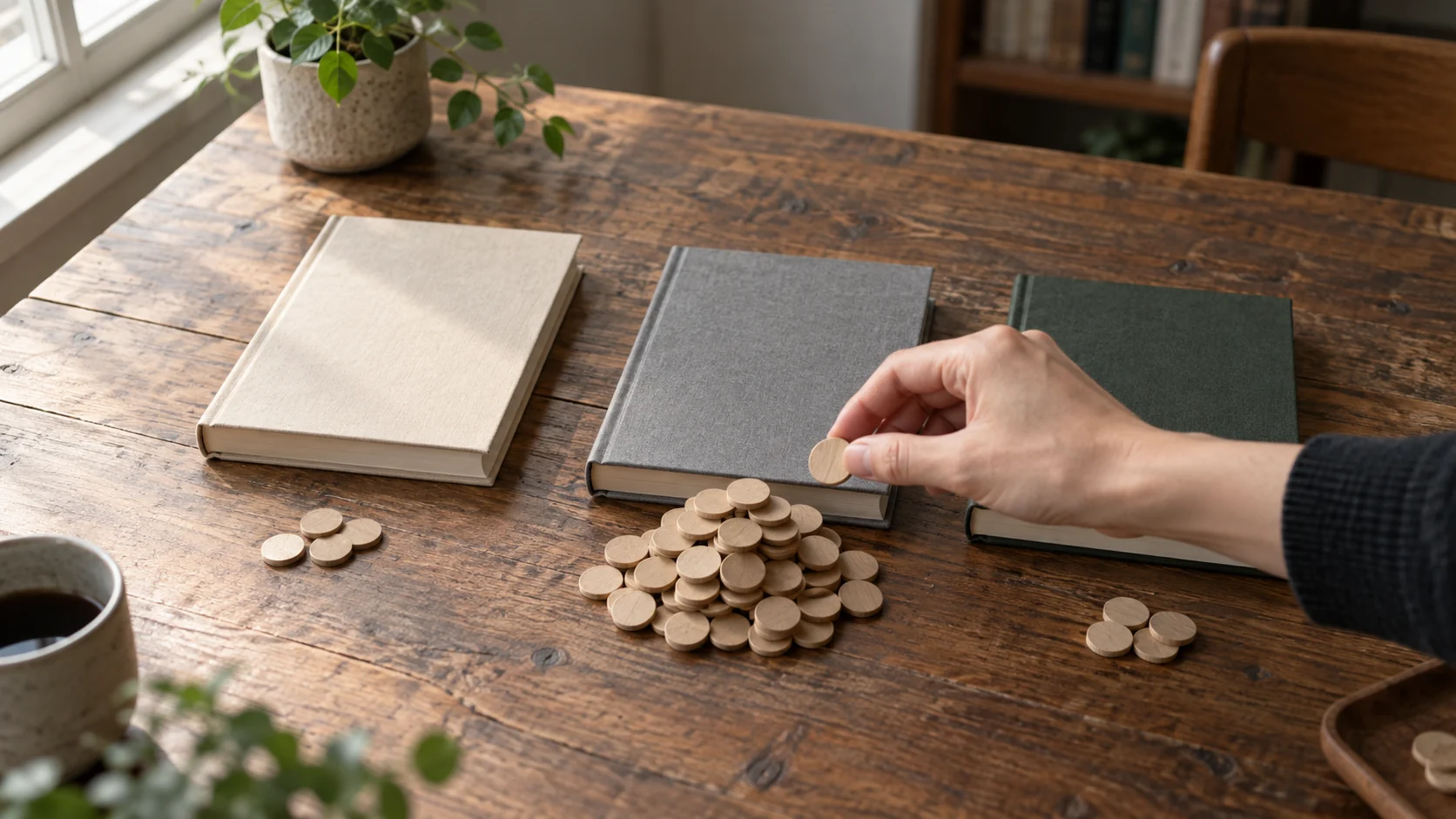 三冊の本の前に量の異なる木製チップが置かれ、中央の山に一枚を加える手