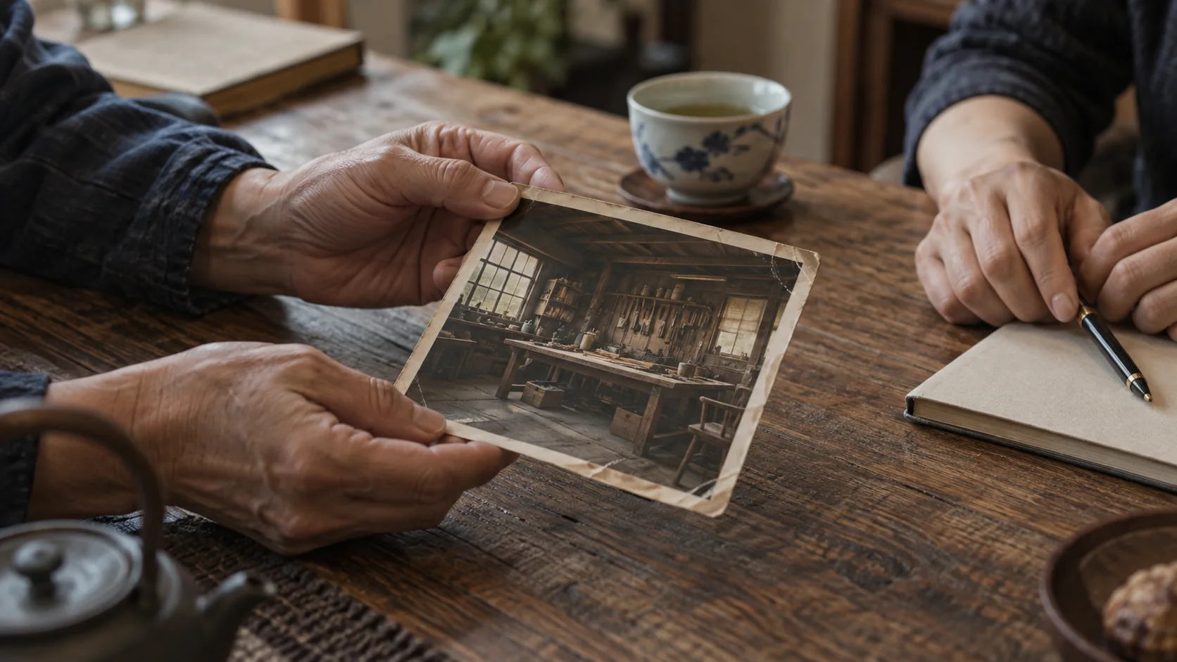 話し手が古い仕事場の写真を示し、向かいの人が手を止めて聞いている
