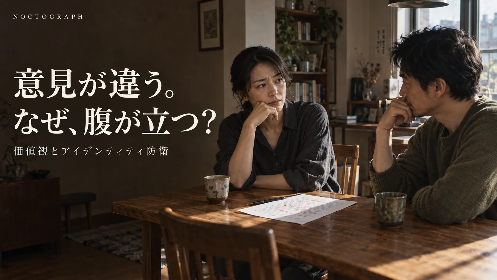食卓を挟んで話す二人と、意見が違うとなぜ腹が立つのかを問う表紙