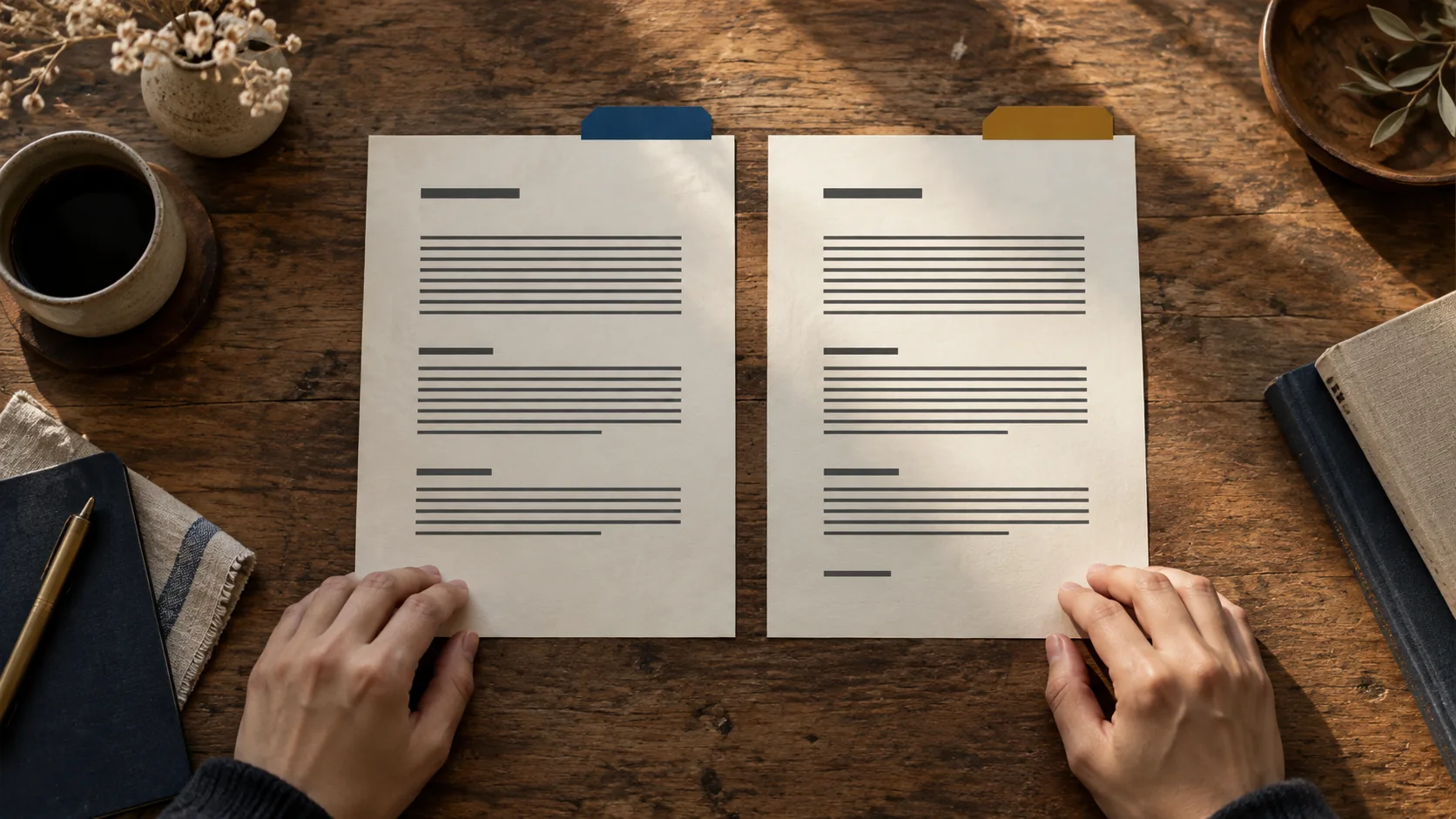 よく似た二つの書類に、青と黄土色の異なるラベルが付いている