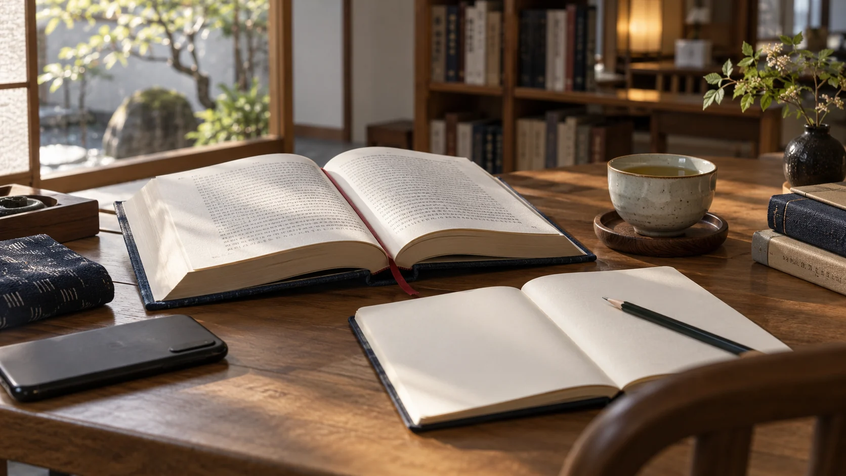 原資料を読むための本とノート、伏せたスマートフォン