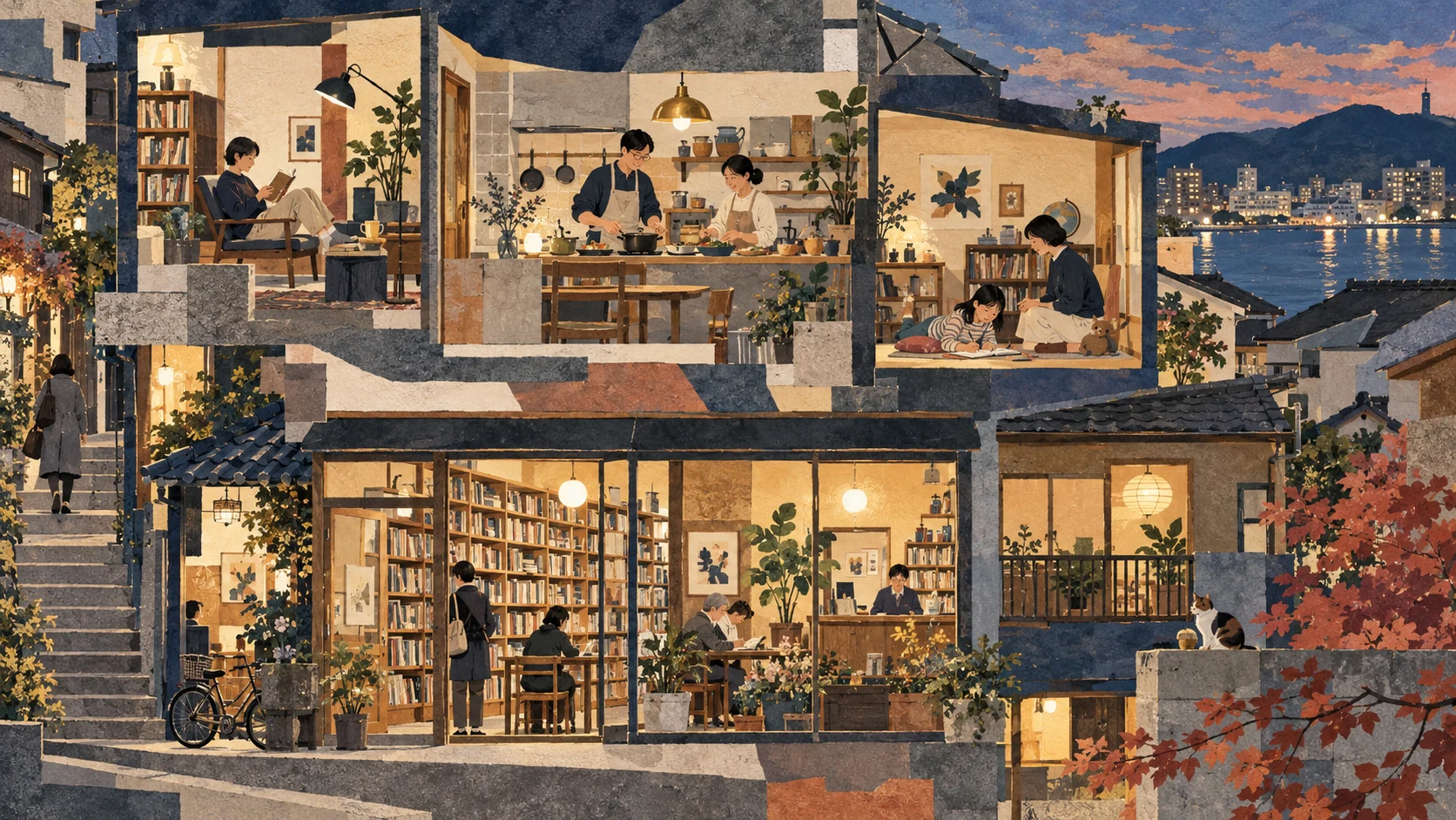 多様な世帯が暮らす街と図書館の断面イラスト