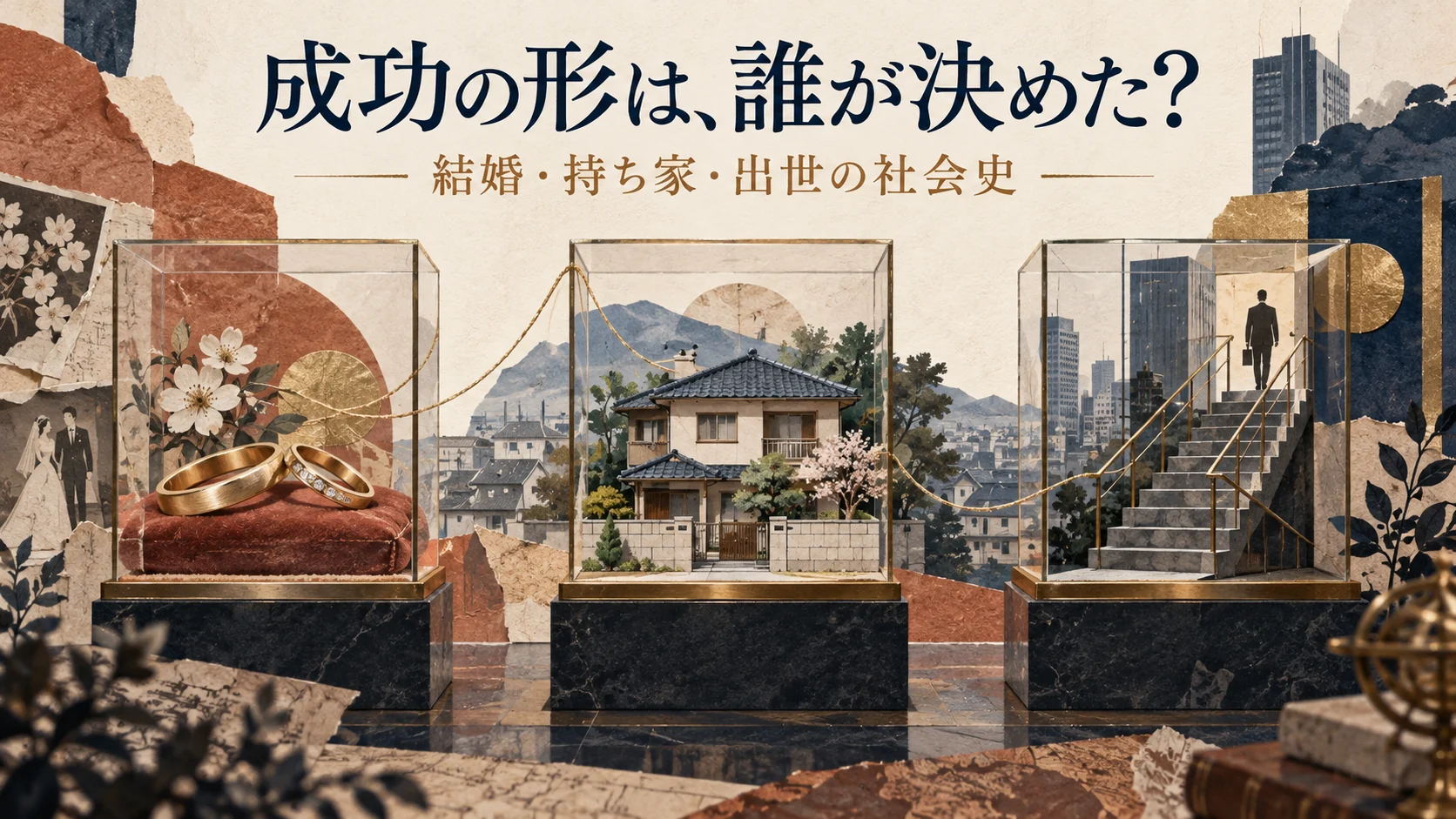 結婚指輪、家、会社の階段を展示物として描いた成功モデルの社会史の表紙