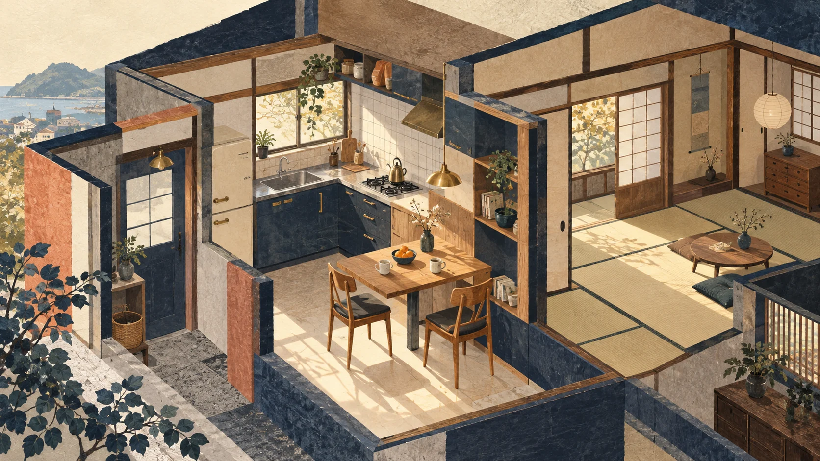 ダイニングキッチンと畳の部屋を描いた住宅の説明用イラスト