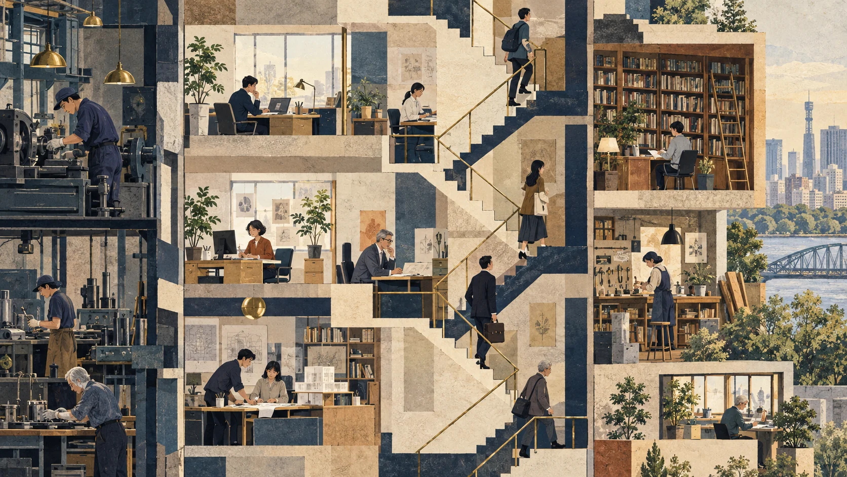 社内の階段と別の働く場所へ続く道を描いたイラスト