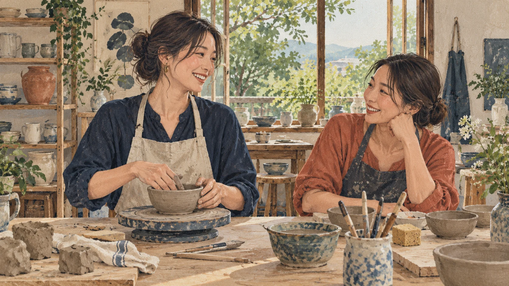 明るい陶芸教室で友人との会話と制作を楽しむ女性