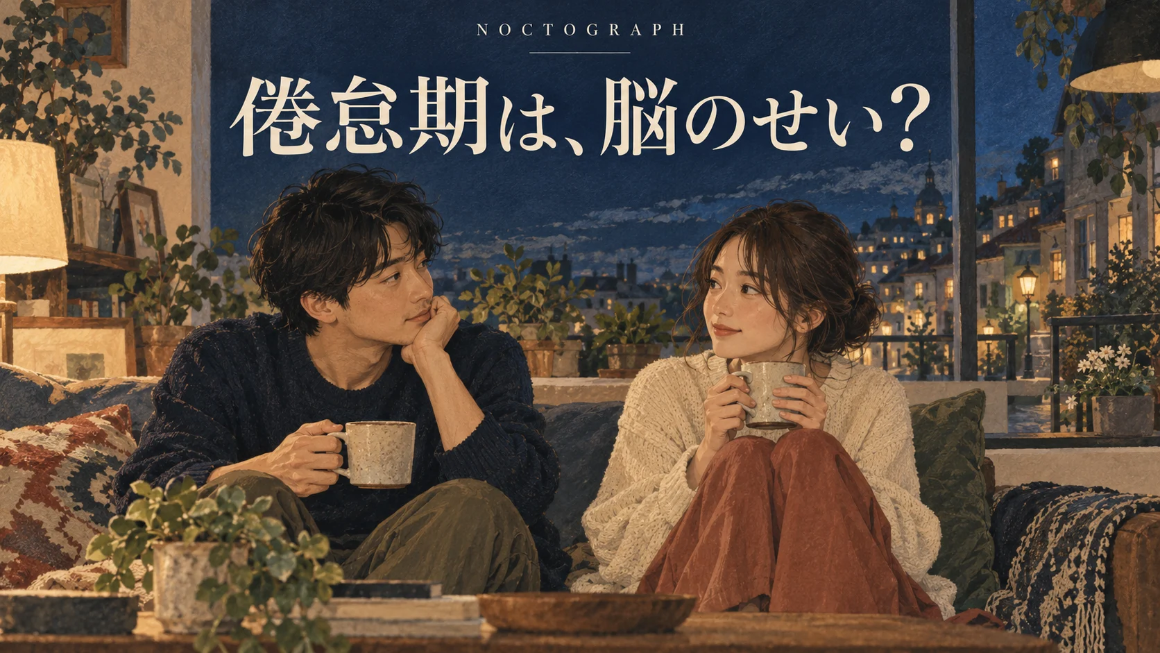 夜のソファでくつろぐ二人と「倦怠期は、脳のせい？」の文字