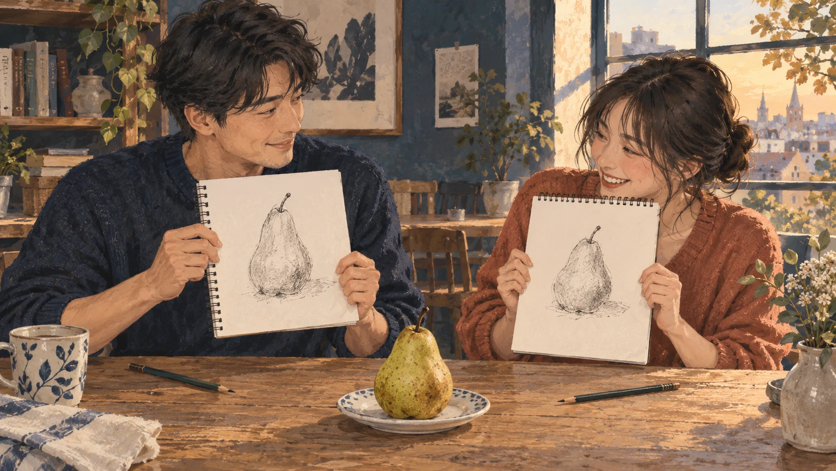 互いに描いた洋梨の絵を見せ合って笑う二人のイラスト