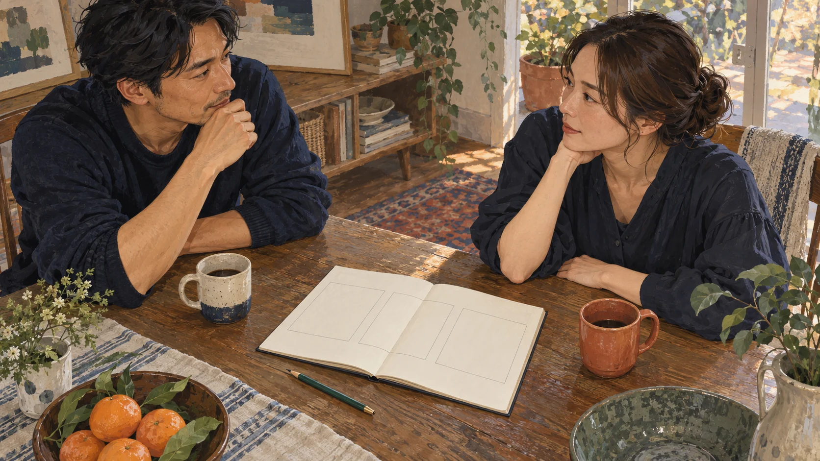 食卓でノートを広げ、次の過ごし方を相談する二人のイラスト