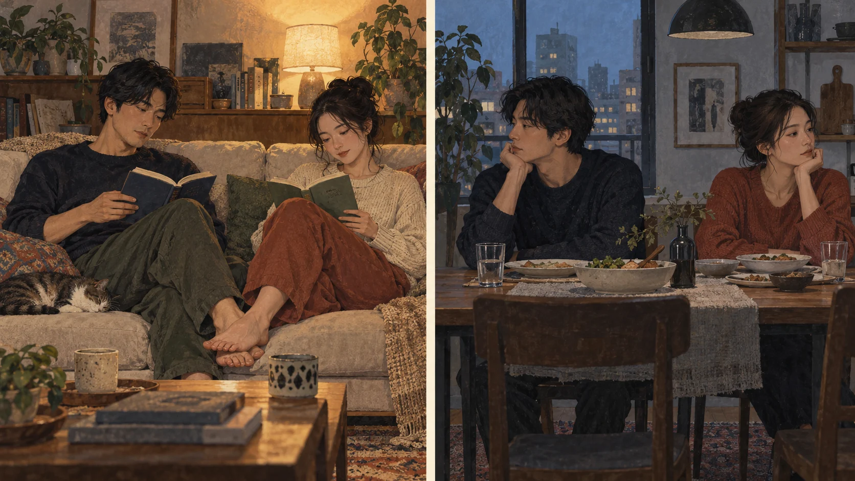 静かに読書する二人と、食卓で別々の方向を見る二人を対比したイラスト