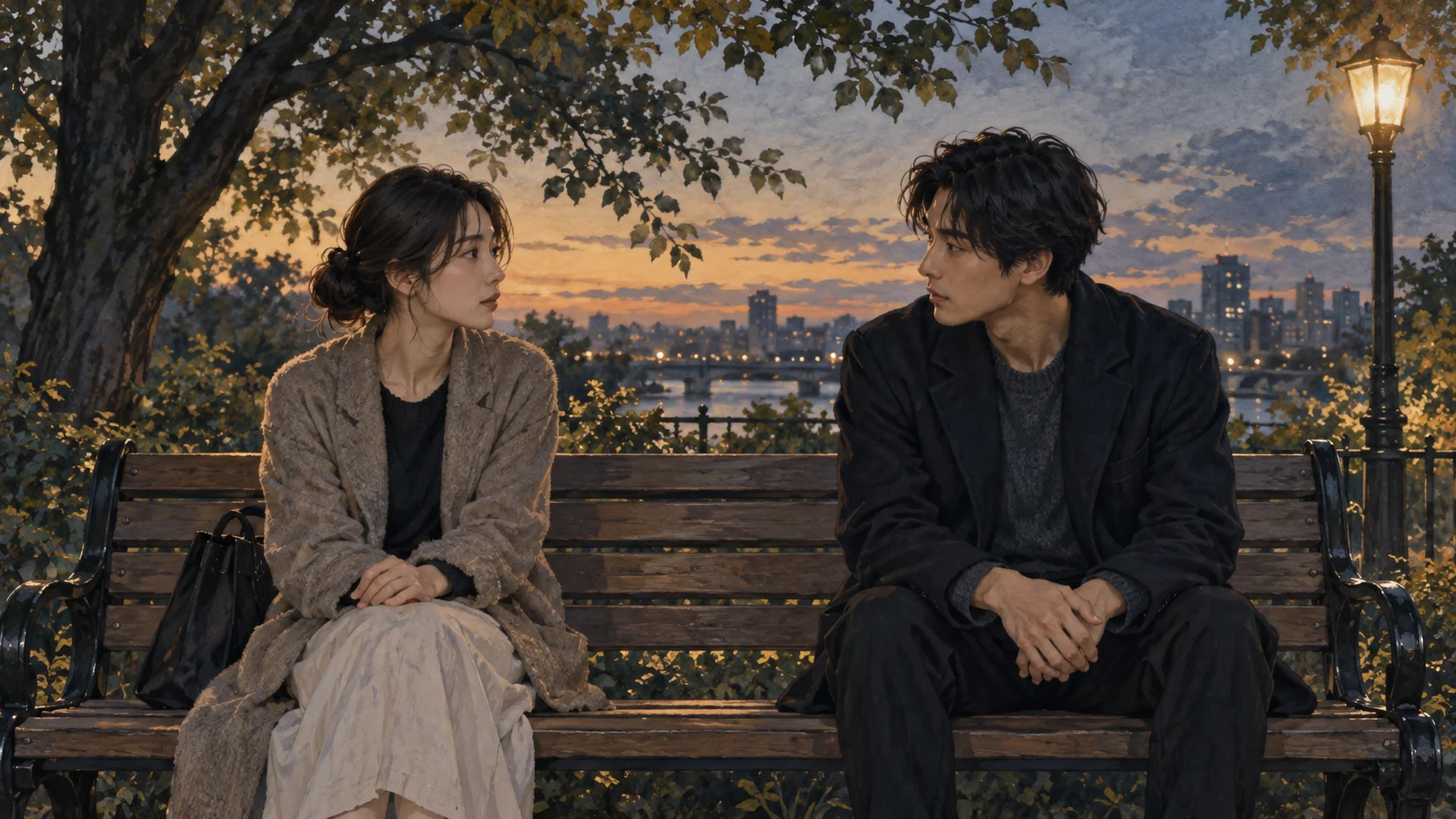 夕暮れのベンチで静かに向き合う二人のイラスト