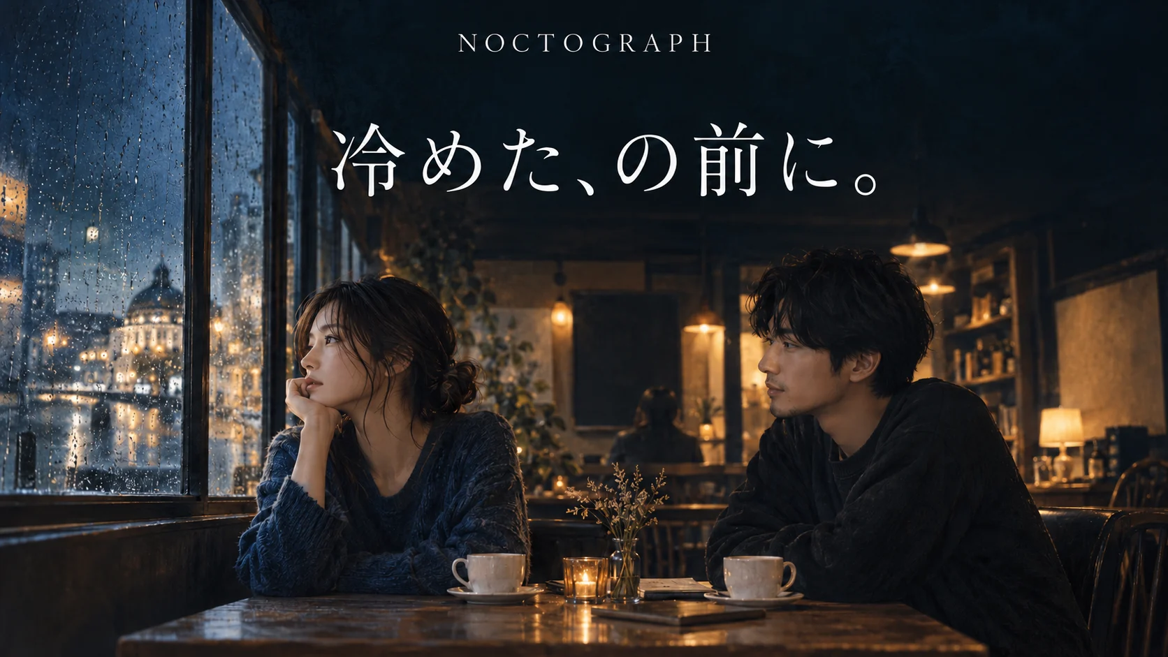雨のカフェで考え込む二人と「冷めた、の前に。」の文字