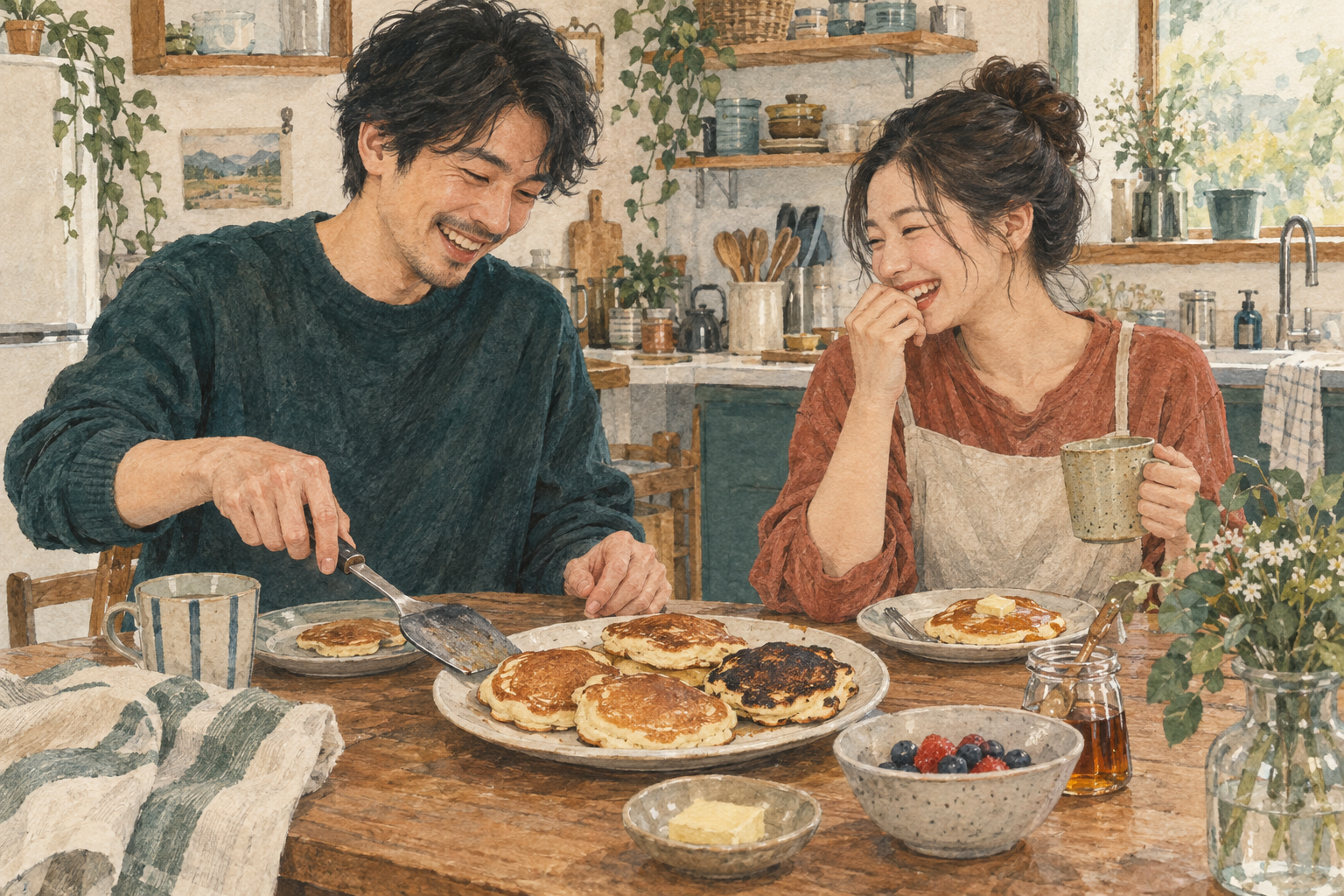 形のそろわないパンケーキを前に笑い合う二人のイラスト