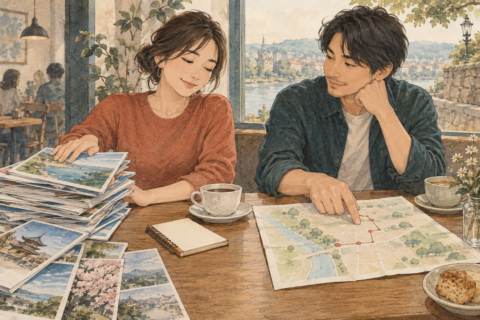 大量の候補を閉じて、二人で無理のない予定を相談するイラスト