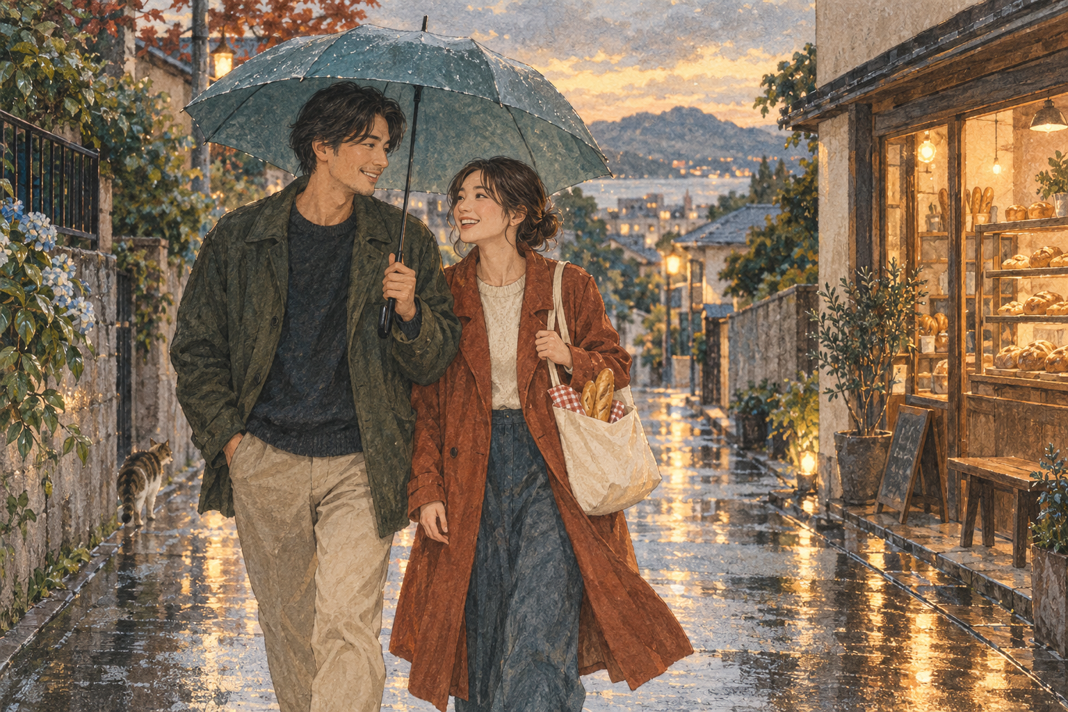 雨で予定が変わっても、一つの傘でパン屋へ歩く二人のイラスト