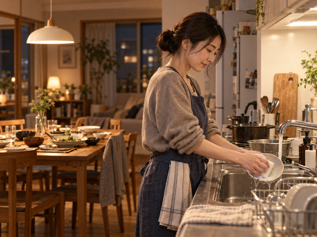 食後の食卓が残る部屋で、女性が台所で皿を洗っている夜の家庭の風景