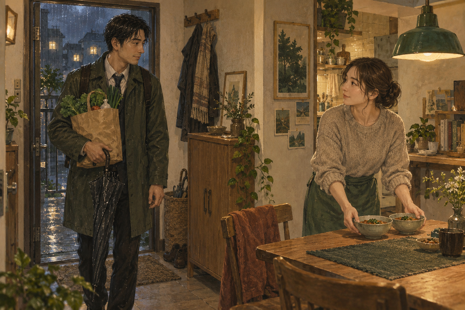 雨の夕方、買い物から帰った人と食卓を整える人が穏やかに向き合う