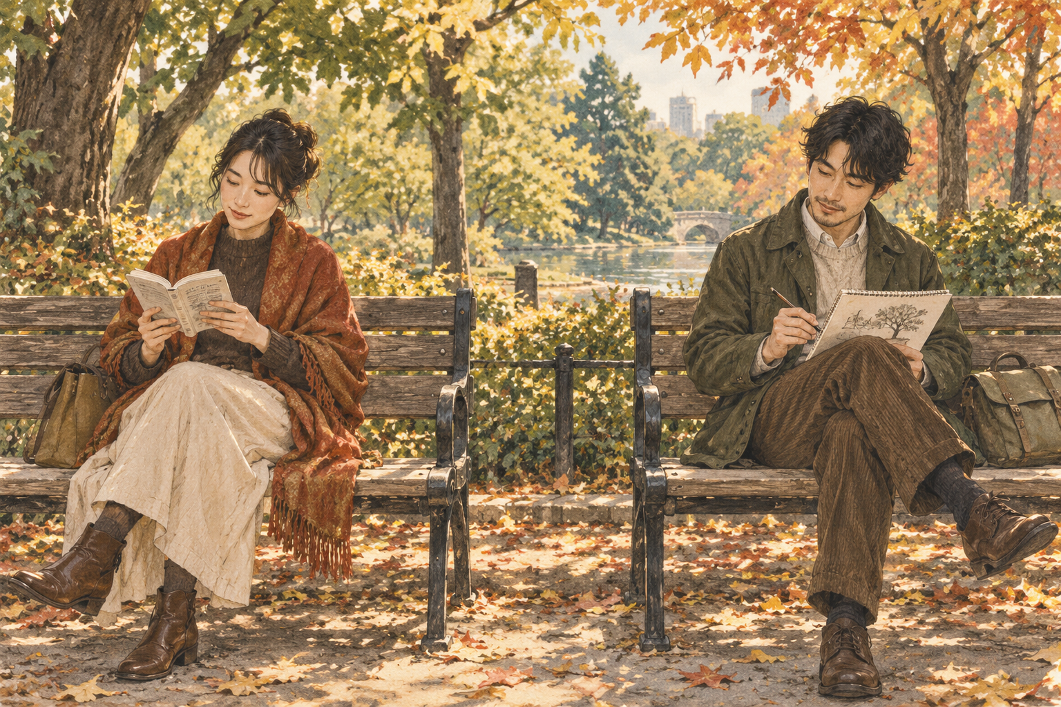 公園の別々のベンチで、読書とスケッチを楽しむ二人